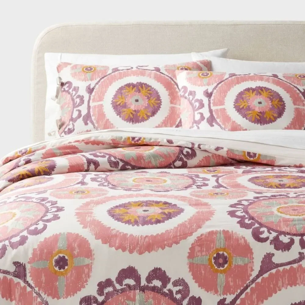 Full/Queen Boho Suzani Print Duvet Cover and Sham Set Ivory/Salmon Orange/Plum